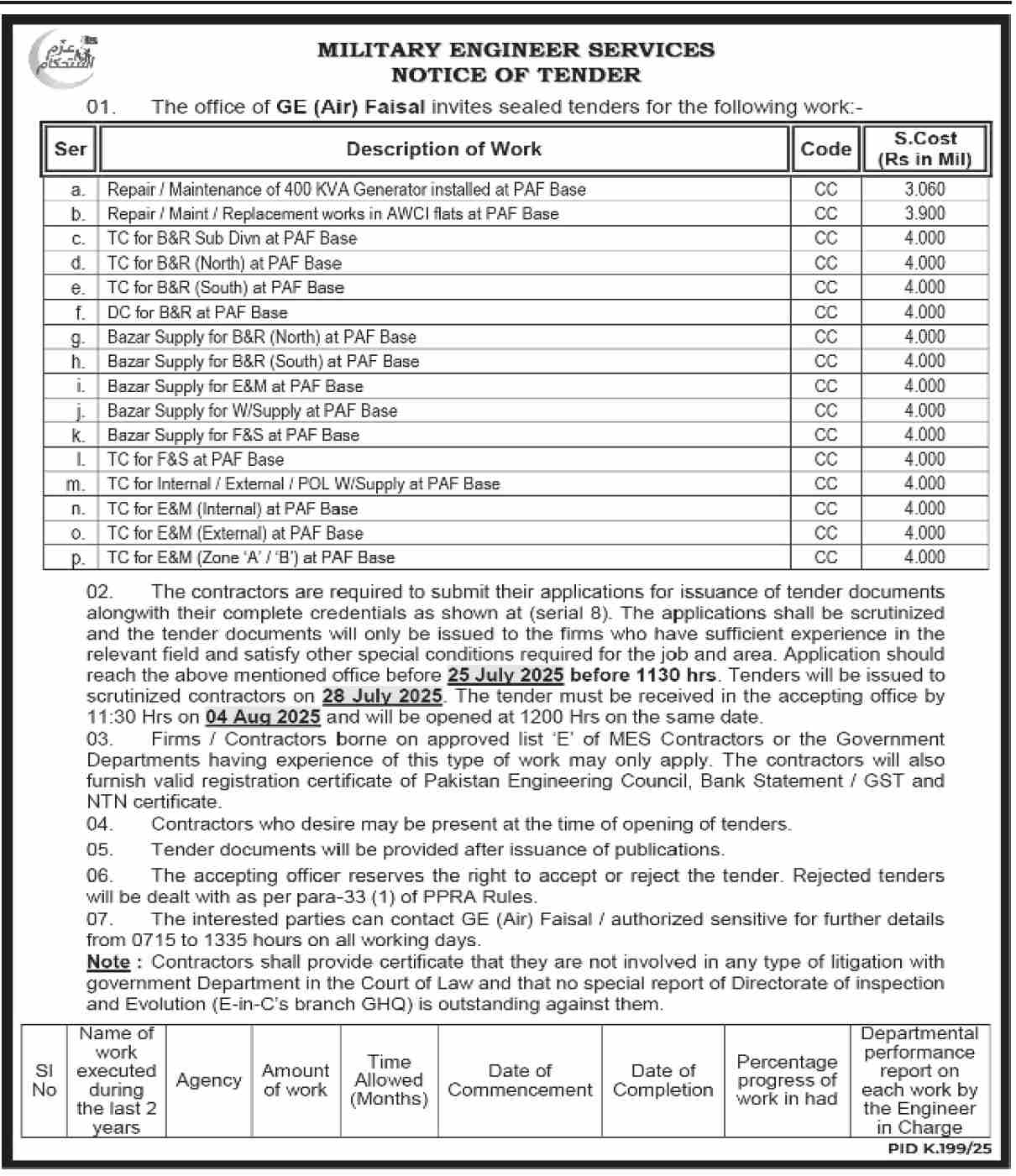Military Engineer Services Karacchi Tender Notice